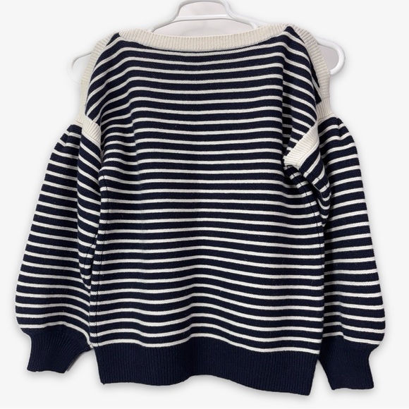 ANN MASHBURN Sweater Womens Medium Boat Neck Wool Navy Cold Shoulder Striped - Picture 2 of 13